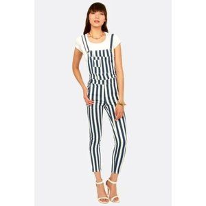 Akira Chicago Womens Striped Jumpsuit Stretch Pockets White Blue Size Large